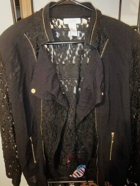 LASeine Viscose Black Lace Sleeve & Knit Open-Front Jacket Size XL